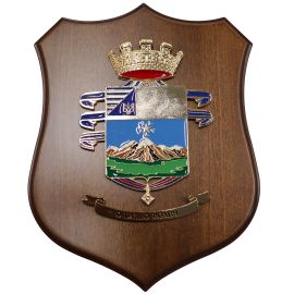 CREST IN METALLO SMALTATO BASE LEGNO 22,5X17,5CM 8 REGGIMENTO ALPINI