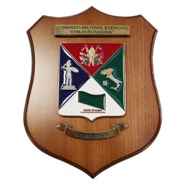 CREST IN METALLO SMALTATO BASE LEGNO 22,5X17,5CM 1 REGGIMENTO GRANATIERI