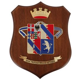 CREST IN METALLO SMALTATO BASE LEGNO 22,5X17,5CM SCUOLA DI APPLICAZIONE