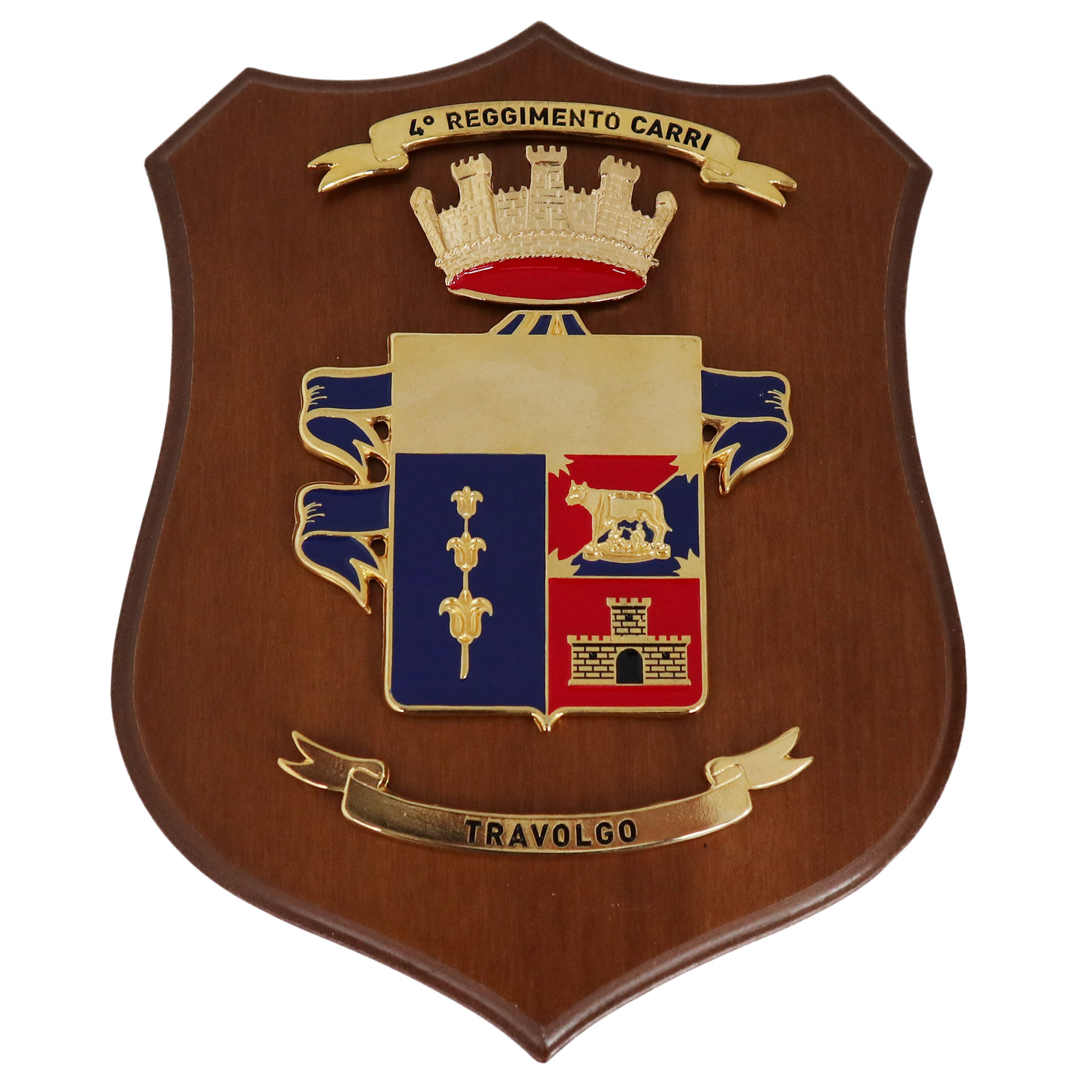 CREST IN METALLO SMALTATO BASE LEGNO 22,5X17,5CM 4 RGT CARRI